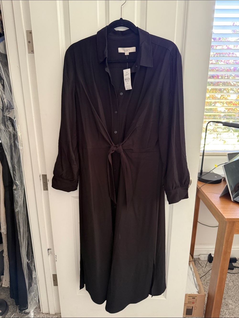 LOFT Black Tie-Front Midi Shirt Dress